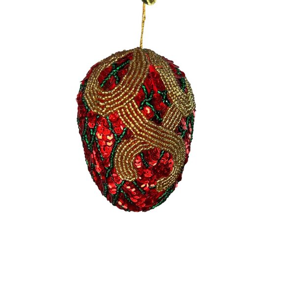 Vintage Handcrafted Red Sequin & Beaded Decorative Christmas Ornament Egg - Picture 1 of 6